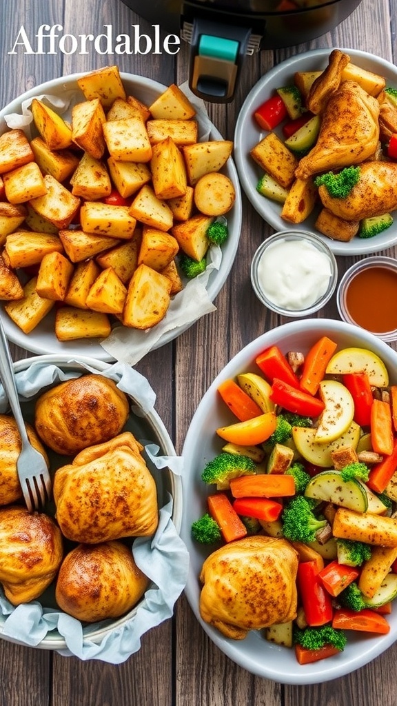 A collection of air fryer meals including crispy potatoes, chicken thighs, and mixed vegetables on a wooden table.